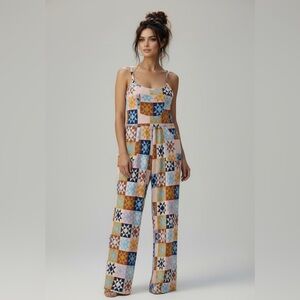 LulaRoe geometric patch work wide leg cami jumpsuit size Large